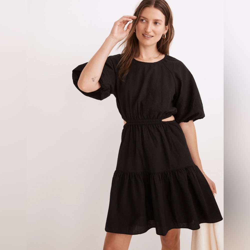 Madewell Seersucker Puff-Sleeve Cutout Mini Dress Small Black